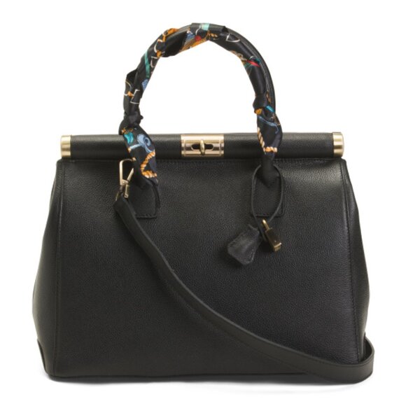VIOLA CASTELLANI Made In Italy Leather Metal Top Frame Satchel With Scarf Handle
